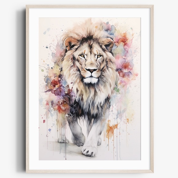 Other - Watercolor Lion With Flowers Portrait Wall Art Illustration Print Unframed